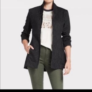 Long-line black pinstripe blazer